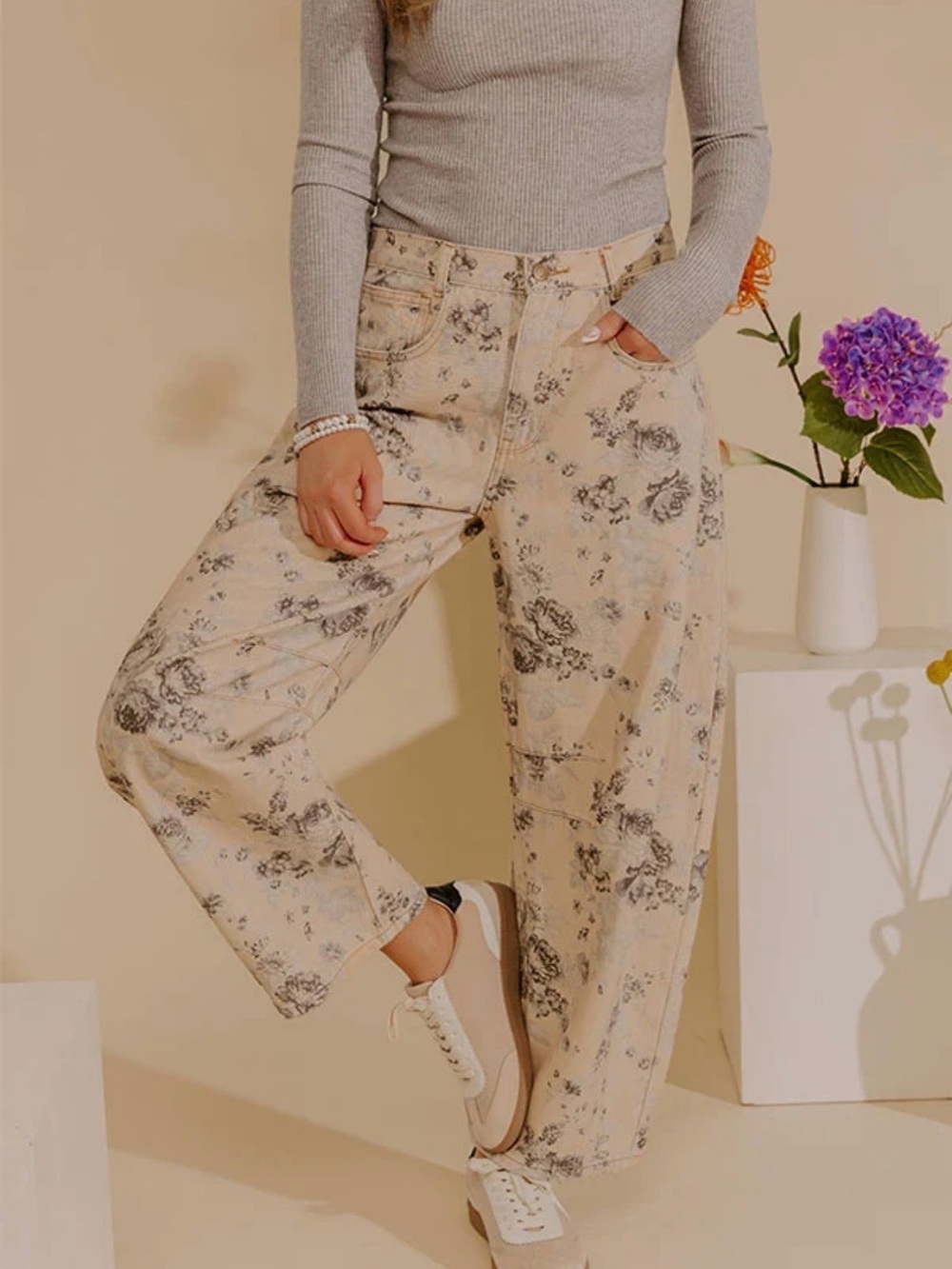 Impressions Beige Floral Boyfriend Jeans